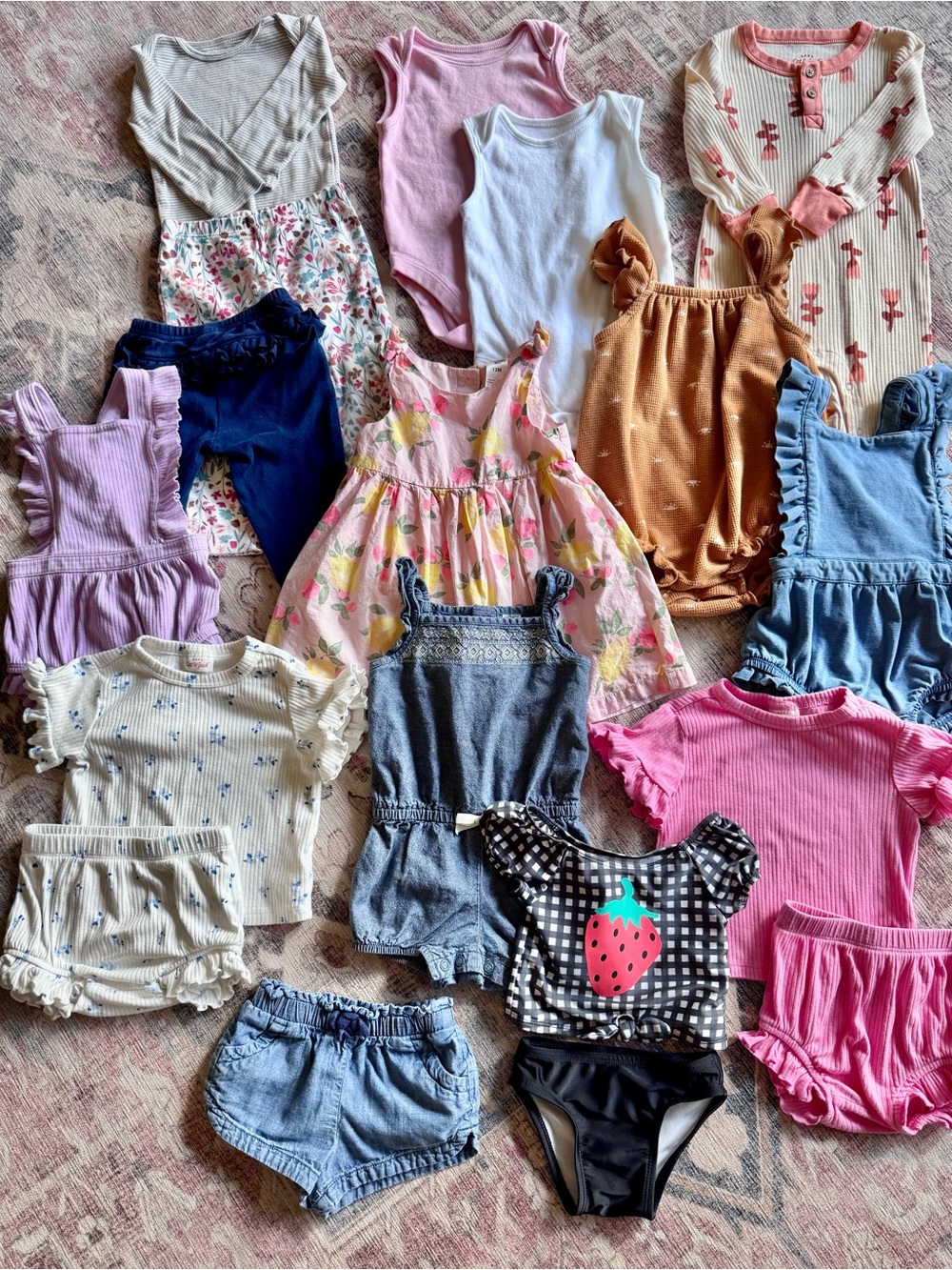 Baby Girl 12M Clothing Lot Rompers Dresses Sets Swimsuit 18 Pieces